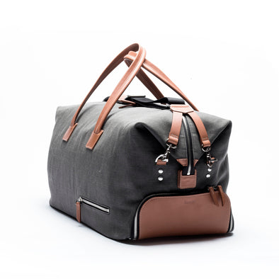 Voyager bag LUNDI Remington grey canvas and cognac leather