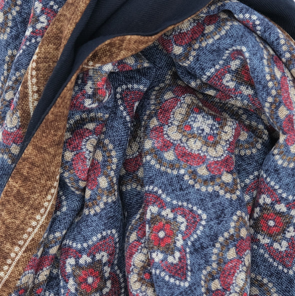 Blue denim and navy blue bacckground colour with brown and rasberry patterns scarf ROSI