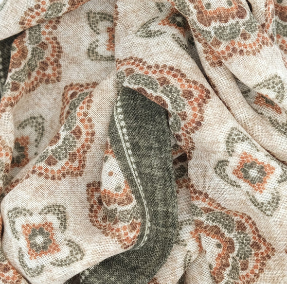 Beige background colour with rust and green patterns scarf ROSI