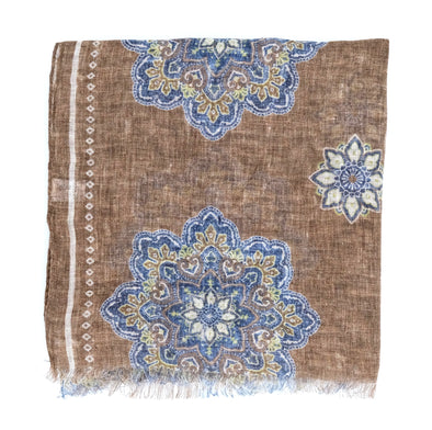 Light brown background colour with mid blue, green and grey flowers patterns ROSI