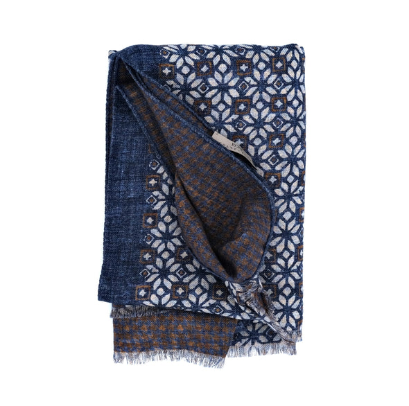 Denim blue background colour with brown and mid grey flowers patterns scarf ROSI
