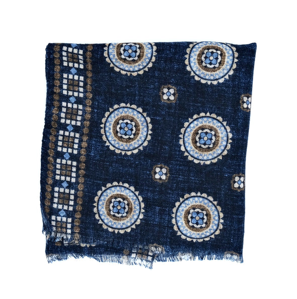 Dark blue background colour with brown and light blue patterns scarf ROSI