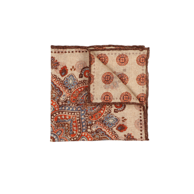 Cashmere and flowers patterns on beige background colour with brown edge pocket square ROSI