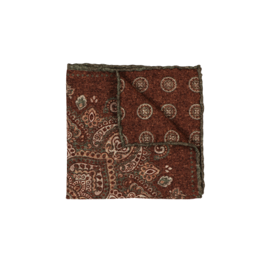 Cashmere and flowers patterns on brown background colour with dark green edge pocket square ROSI