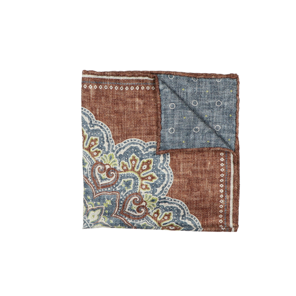 Brown and blue denim background colour with mid blue patterns pocket square ROSI