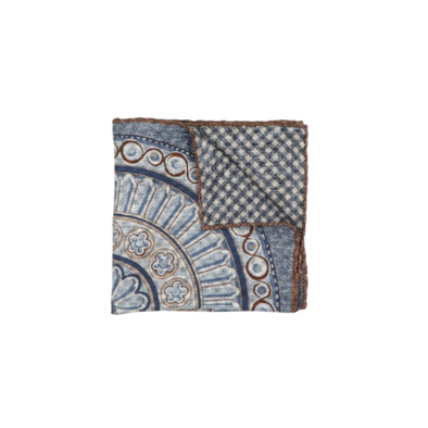 Blue denim background colour with mid blue patterns and brown edge pocket square ROSI