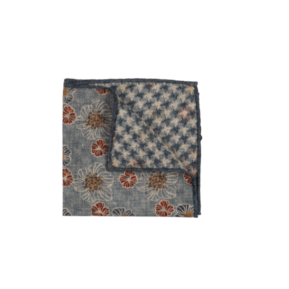 Mottled blue background colour with rust, beige and blue denim flowers patterns pocket square ROSI