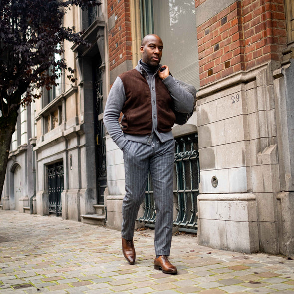 Grey buttoned cardigan with brown suede MAGLIFICIO